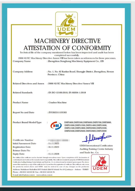 Chine Zhengzhou Donghong Mechanical Equipment Co., Ltd. certifications